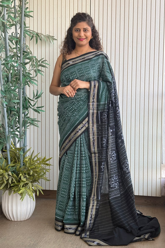 Exclusive Odisha Ikkat Khandua Cotton Saree - English Green