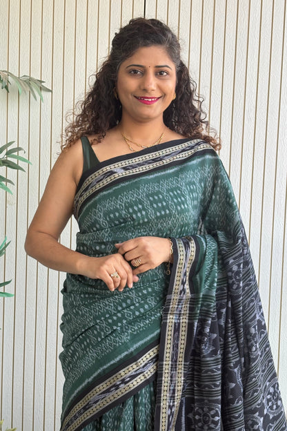 Exclusive Odisha Ikkat Khandua Cotton Saree - English Green