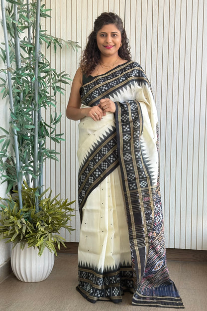 Pasapali Border Odisha Ikkat Pure Silk Saree-Off White