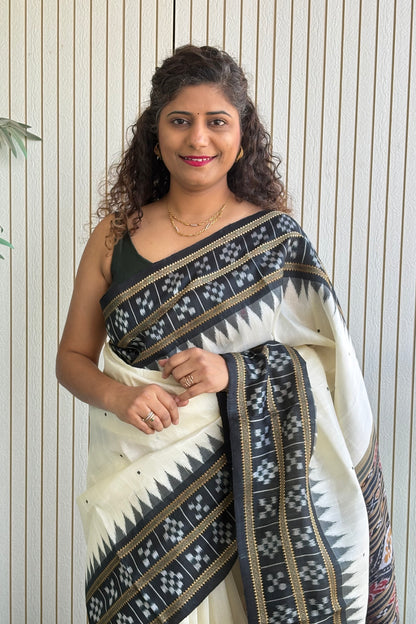 Pasapali Border Odisha Ikkat Pure Silk Saree-Off White