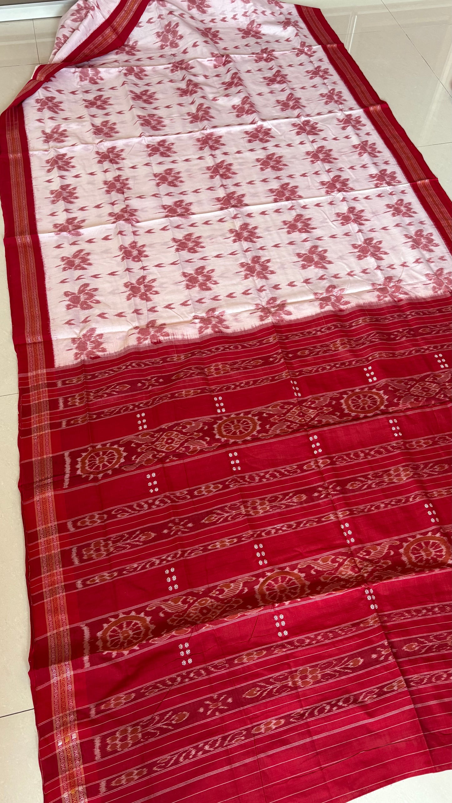 Exclusive Odisha Ikkat Khandua Cotton Saree - White Red