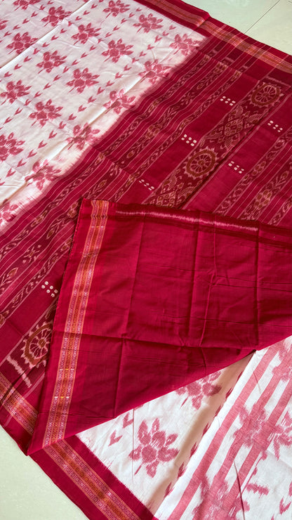 Exclusive Odisha Ikkat Khandua Cotton Saree - White Red