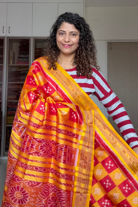 Pasapali Body Khandua Silk Saree- Yellow-Red