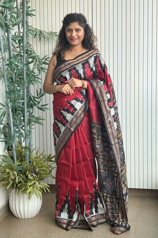 Phoda Kumbha Khandua Ikkat Silk Saree - Red Black