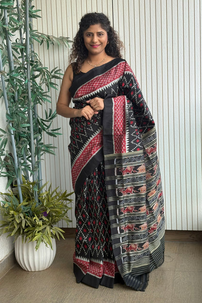 Odisha Ikkat Pure Silk Saree-Black and Red