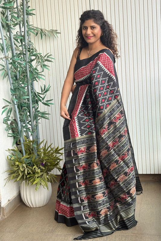Odisha Ikkat Pure Silk Saree-Black and Red