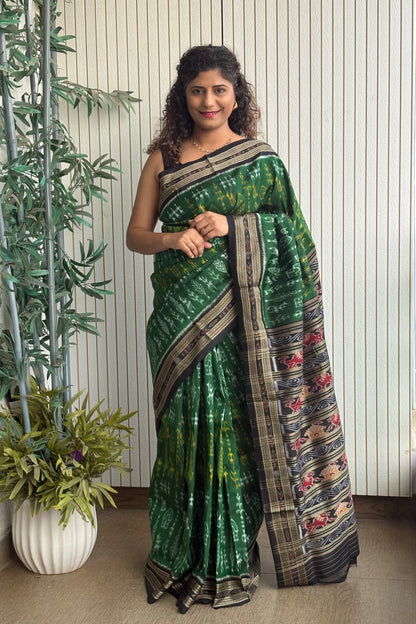 Exclusive Odisha Ikkat Pure Silk Saree-Dark Green