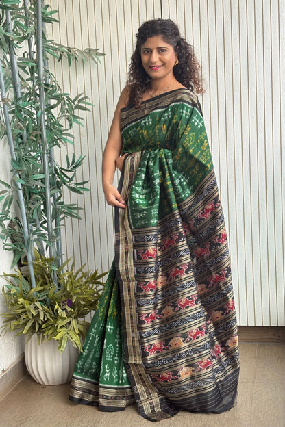 Exclusive Odisha Ikkat Pure Silk Saree-Dark Green