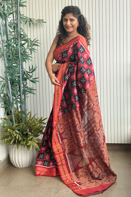 Pasapali Body Khandua Silk Saree- Black-Red
