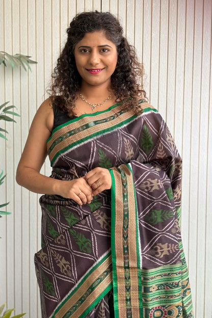 Exclusive Odisha Ikkat Pure Silk Saree- Coffee Brown