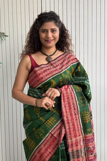 Exclusive Odisha Ikkat Pure Silk Saree-Mehndi Green