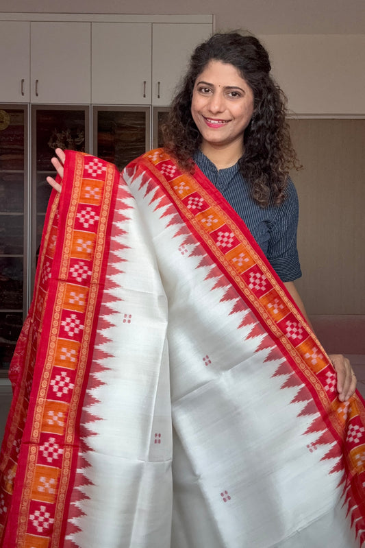 Pasapali Border Khandua Ikkat Silk Saree - Off White