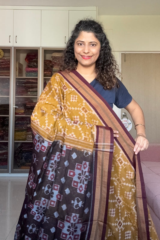 Exclusive Odisha Ikkat Khandua Cotton Saree - Olive Yellow