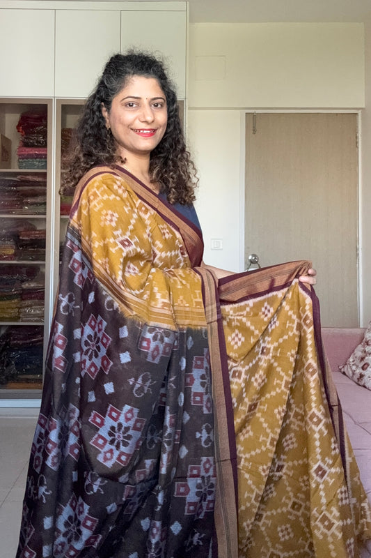 Exclusive Odisha Ikkat Khandua Cotton Saree - Olive Yellow