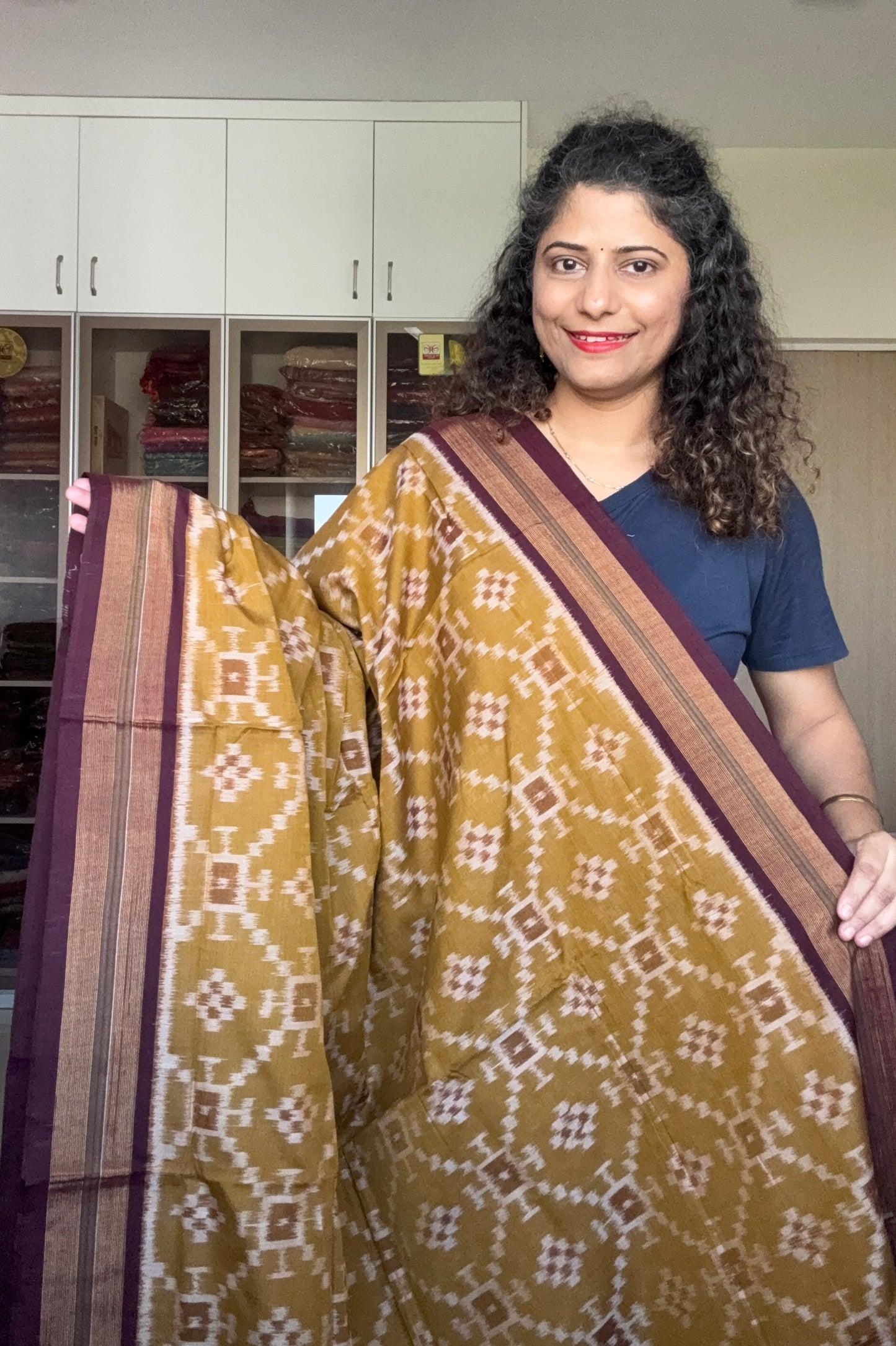 Exclusive Odisha Ikkat Khandua Cotton Saree - Olive Yellow