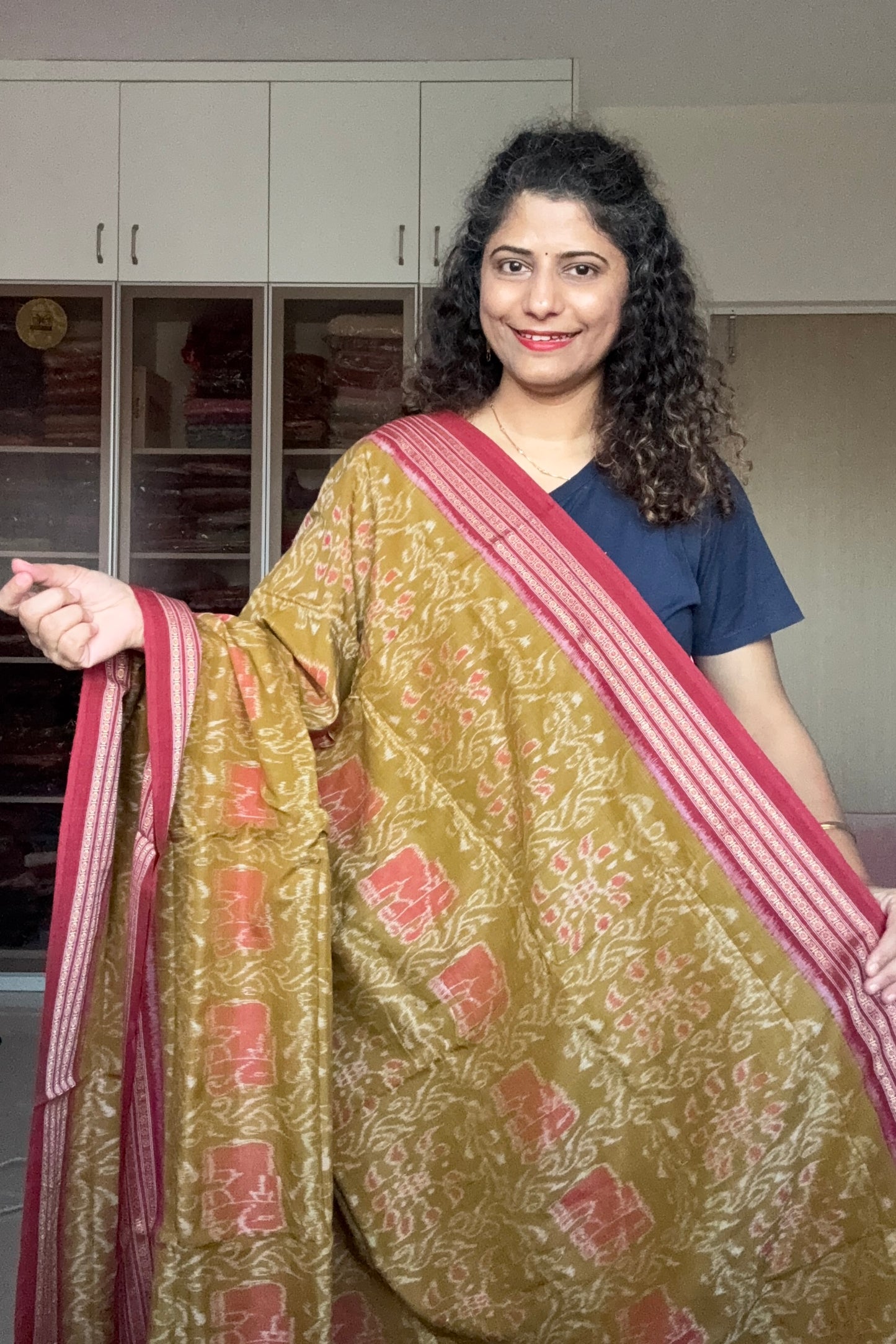 Exclusive Odisha Ikkat Khandua Cotton Saree - Olive Yellow