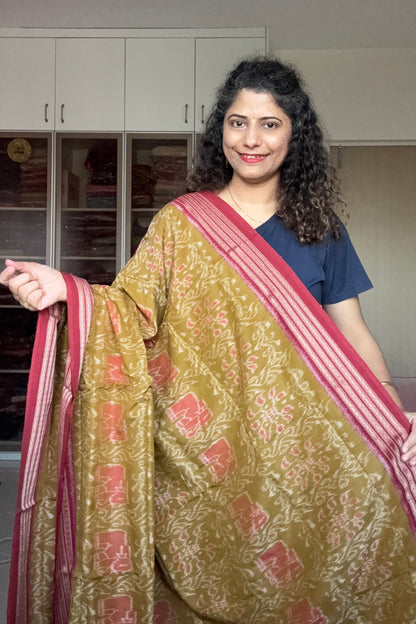 Exclusive Odisha Ikkat Khandua Cotton Saree - Olive Yellow