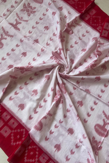 Exclusive Odisha Ikkat Cotton Saree With Blouse Piece- White and Red