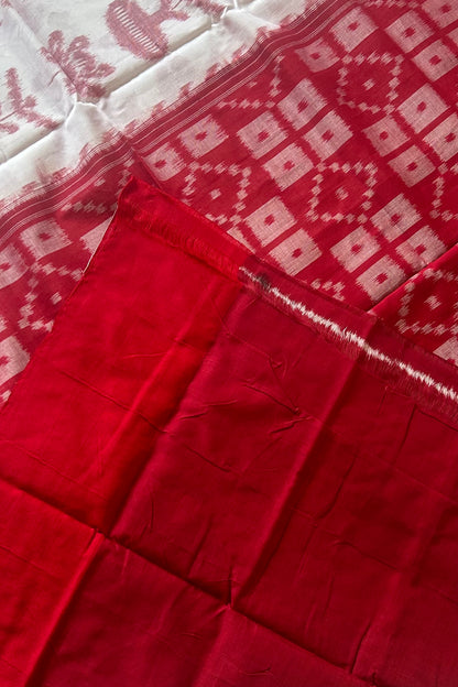 Exclusive Odisha Ikkat Cotton Saree With Blouse Piece- White and Red