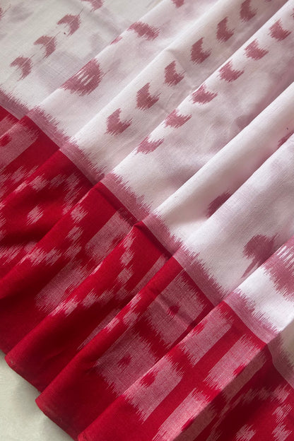 Exclusive Odisha Ikkat Cotton Saree With Blouse Piece- White and Red