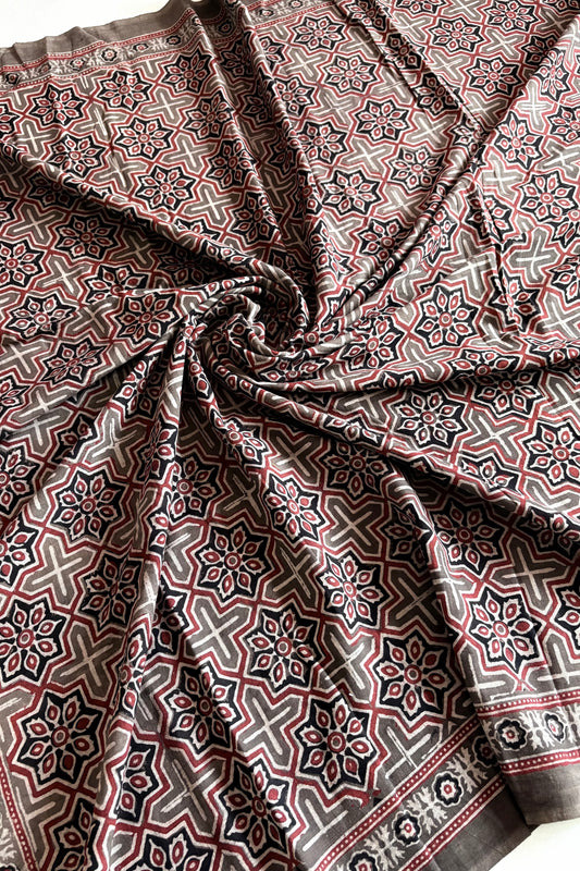 Ajrakh Natural Dye Hand Block Print Pure Cotton Saree