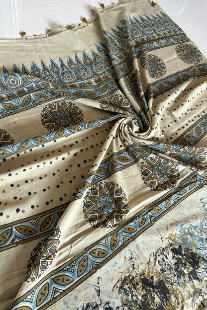 Ajrakh Natural Dye Hand Block Print Pure Cotton Saree