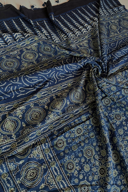 Ajrakh Natural Dye Hand Block Print Pure Cotton Saree