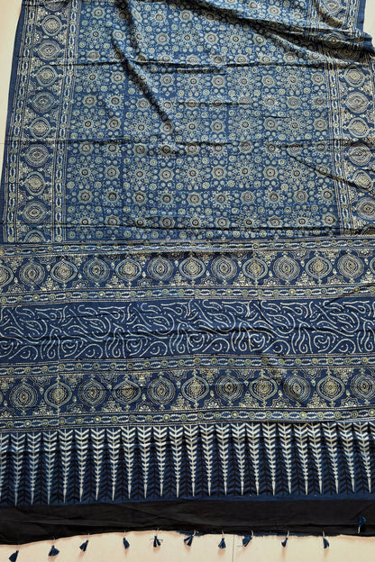 Ajrakh Natural Dye Hand Block Print Pure Cotton Saree