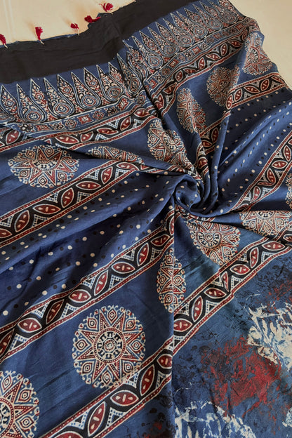 Ajrakh Natural Dye Hand Block Print Pure Cotton Saree