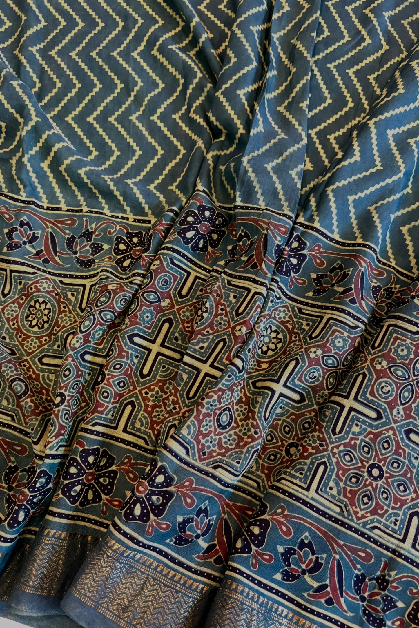 Ajrakh Mulberry Natural Dye Hand Block Print Saree - Green