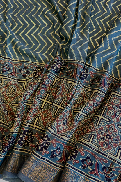 Ajrakh Mulberry Natural Dye Hand Block Print Saree - Green