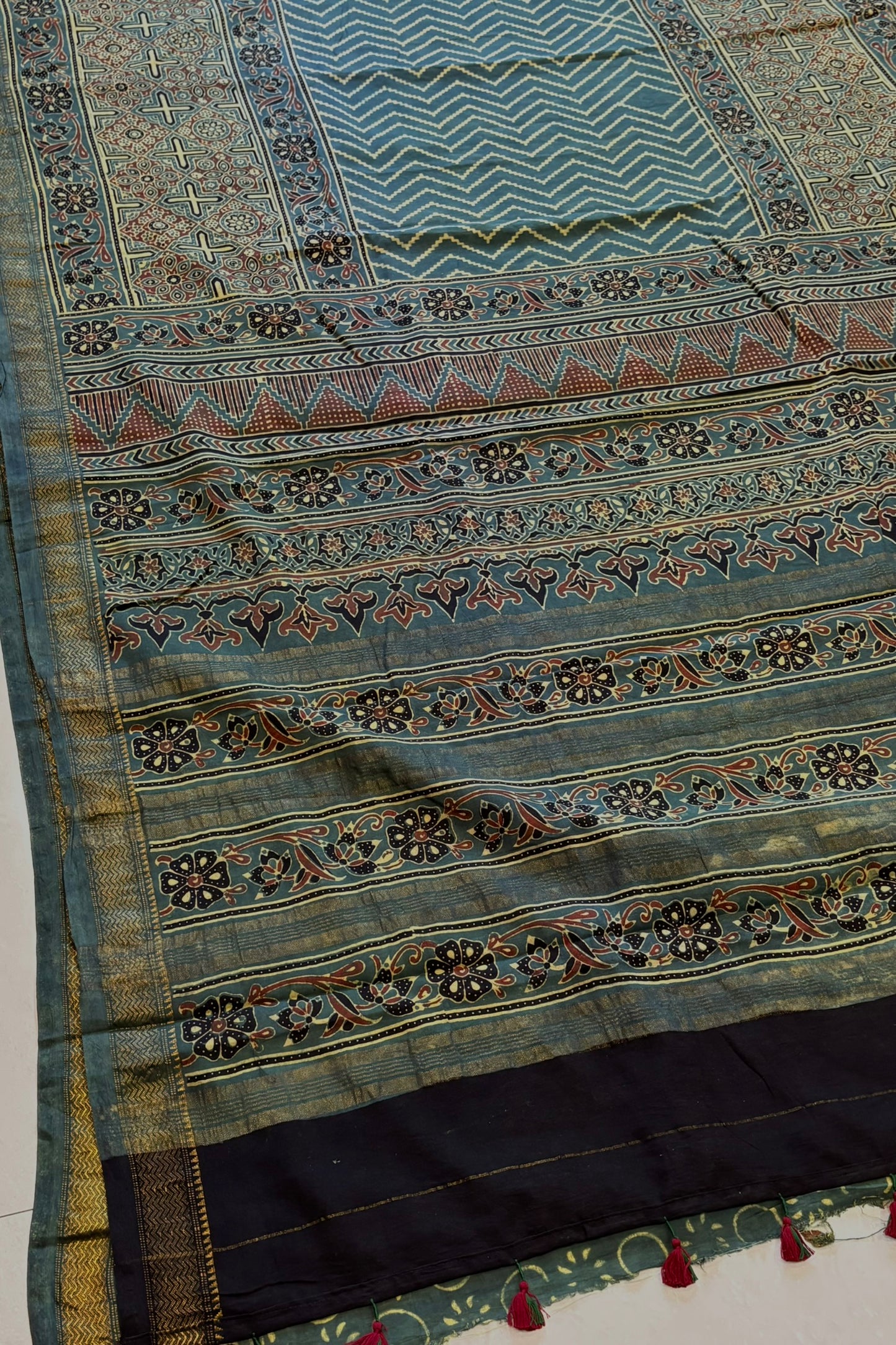 Ajrakh Mulberry Natural Dye Hand Block Print Saree - Green