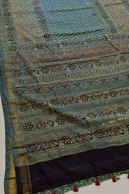 Ajrakh Mulberry Natural Dye Hand Block Print Saree - Green