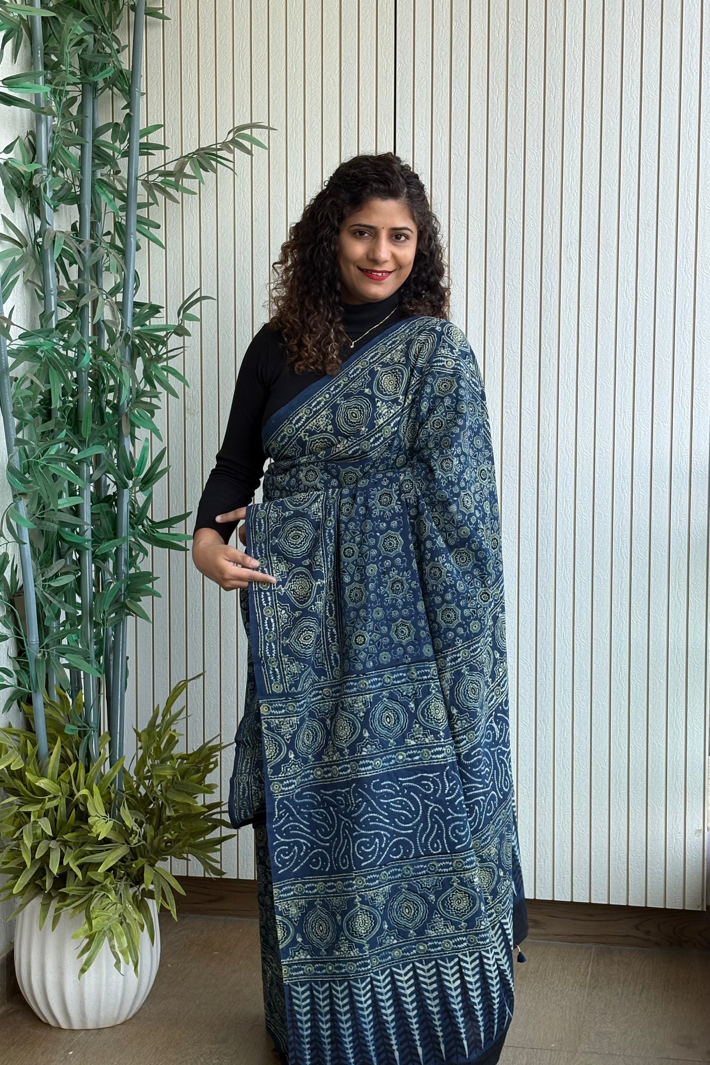 Ajrakh Natural Dye Hand Block Print Pure Cotton Saree