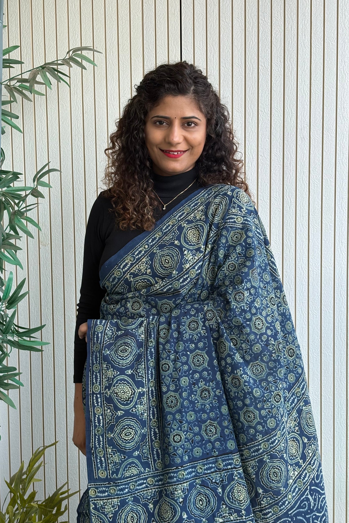 Ajrakh Natural Dye Hand Block Print Pure Cotton Saree