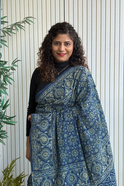 Ajrakh Natural Dye Hand Block Print Pure Cotton Saree