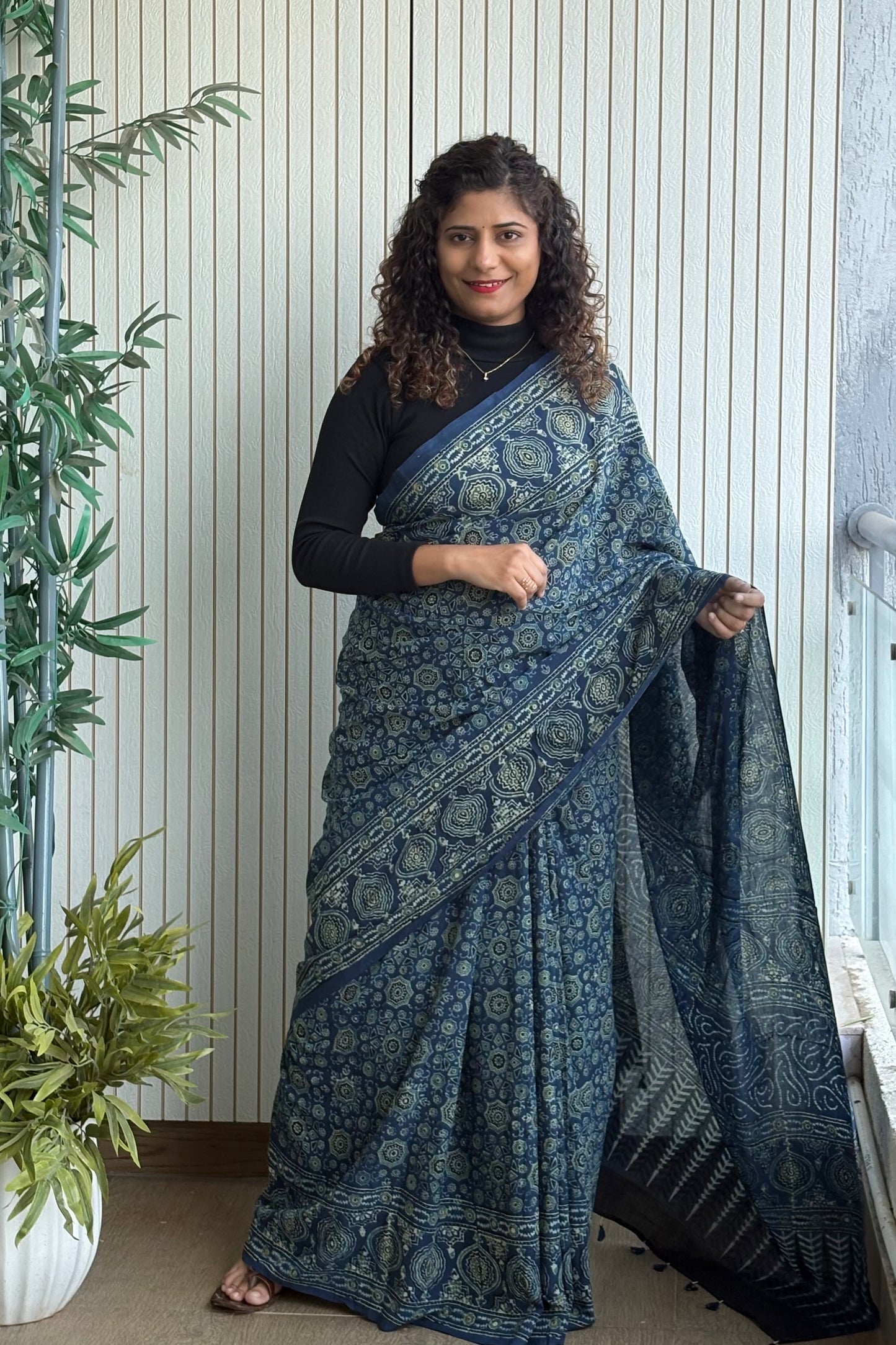 Ajrakh Natural Dye Hand Block Print Pure Cotton Saree