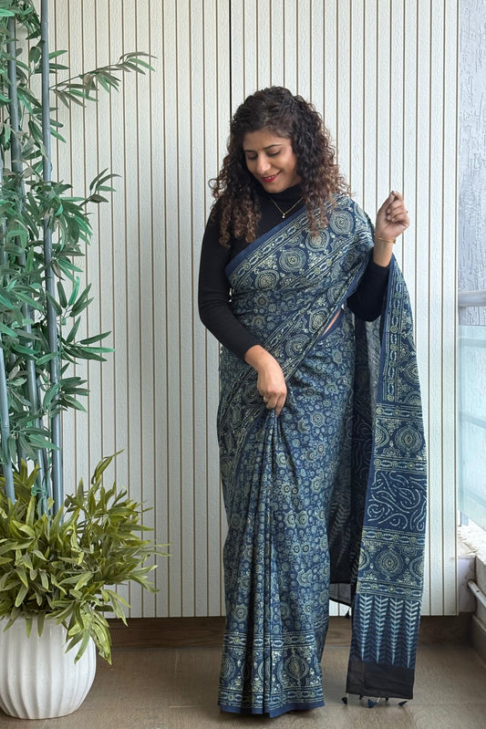 Ajrakh Natural Dye Hand Block Print Pure Cotton Saree