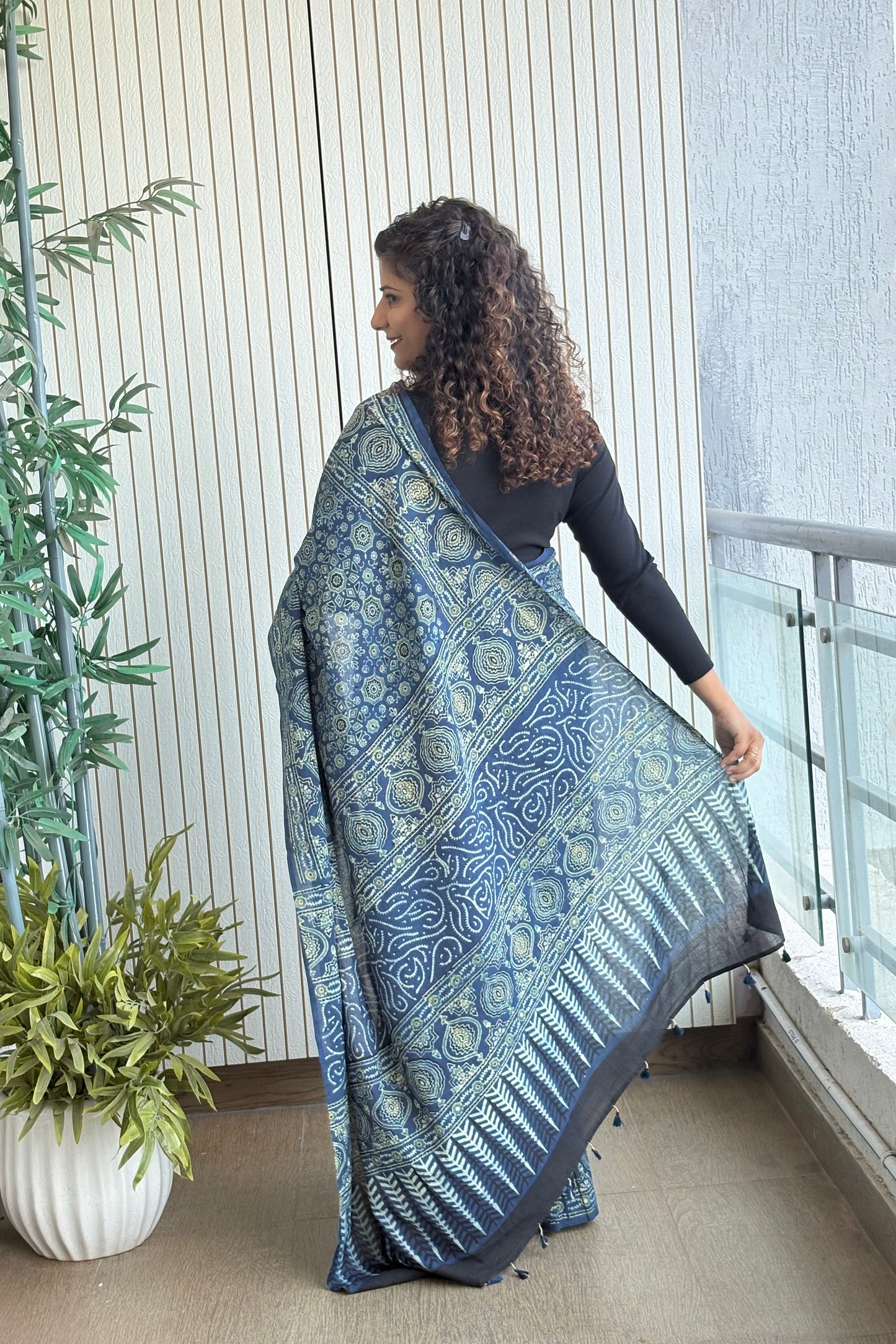 Ajrakh Natural Dye Hand Block Print Pure Cotton Saree