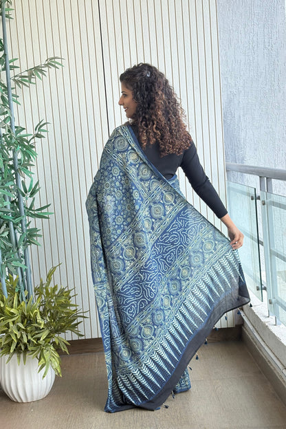 Ajrakh Natural Dye Hand Block Print Pure Cotton Saree