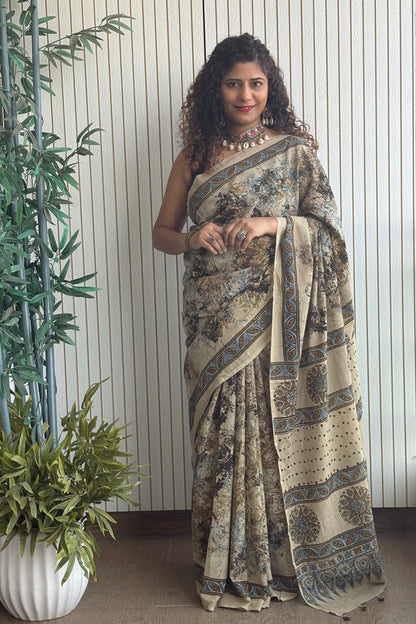 Ajrakh Natural Dye Hand Block Print Pure Cotton Saree