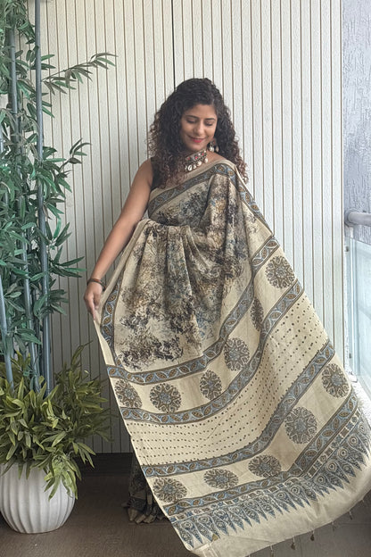 Ajrakh Natural Dye Hand Block Print Pure Cotton Saree