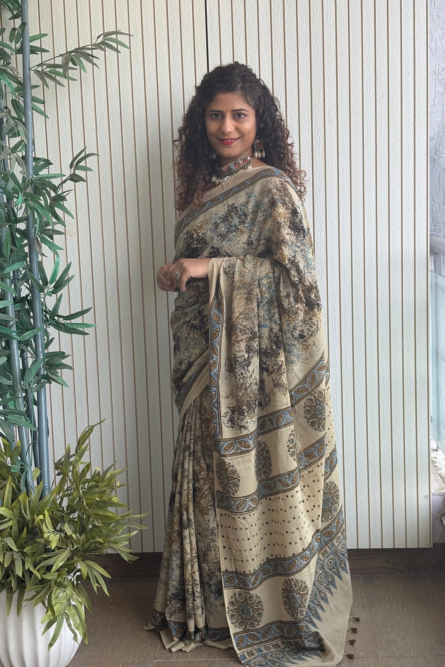 Ajrakh Natural Dye Hand Block Print Pure Cotton Saree