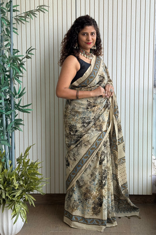 Ajrakh Natural Dye Hand Block Print Pure Cotton Saree