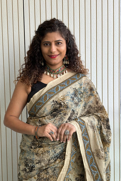 Ajrakh Natural Dye Hand Block Print Pure Cotton Saree