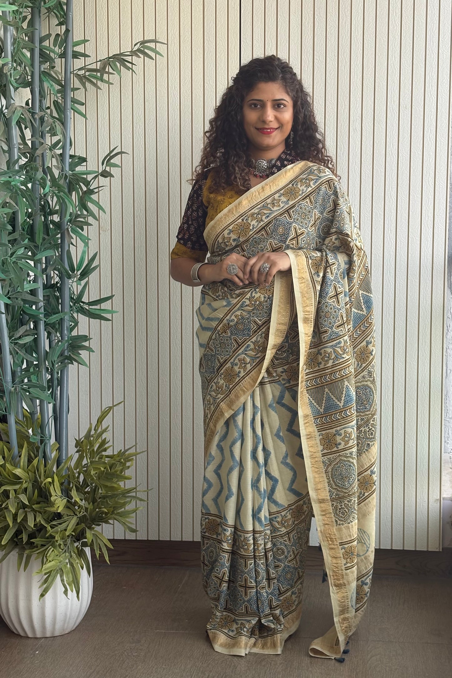 Ajrakh mulberry Natural Dye Hand Block Print Saree- Beige