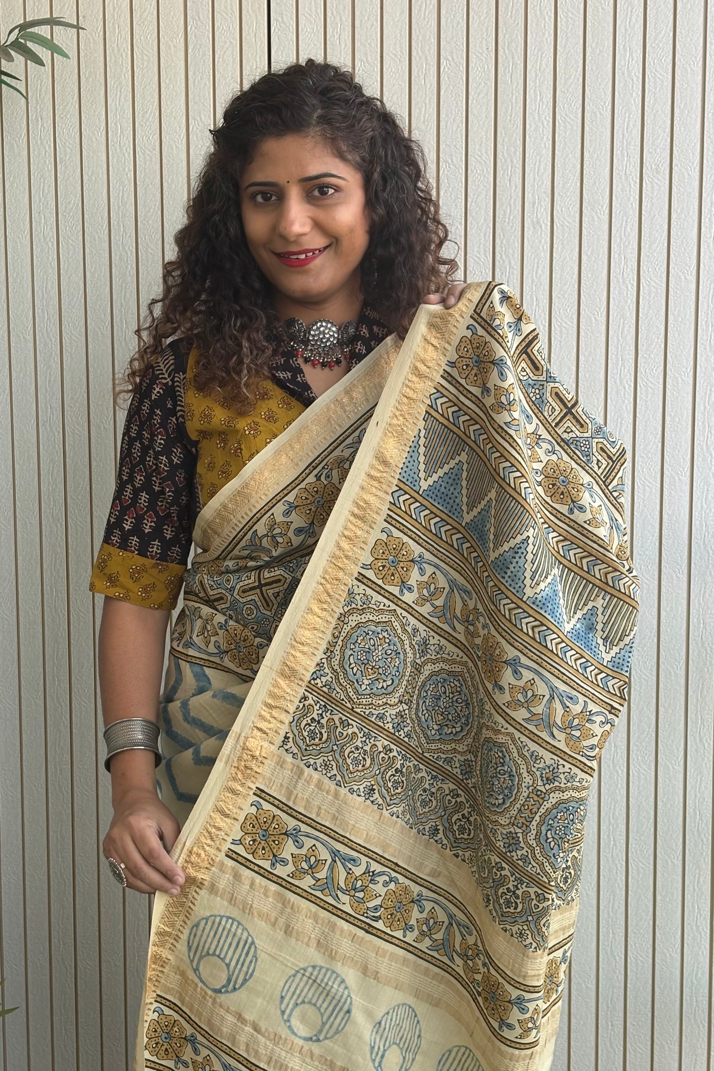 Ajrakh mulberry Natural Dye Hand Block Print Saree- Beige