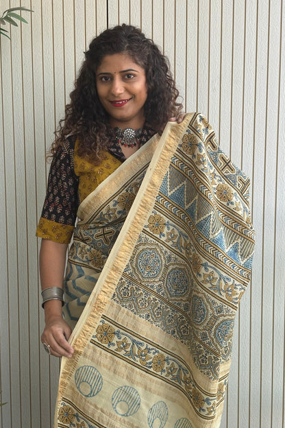 Ajrakh mulberry Natural Dye Hand Block Print Saree- Beige