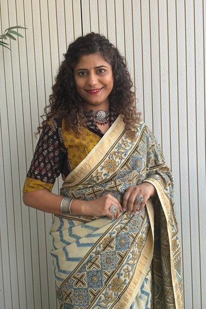 Ajrakh mulberry Natural Dye Hand Block Print Saree- Beige