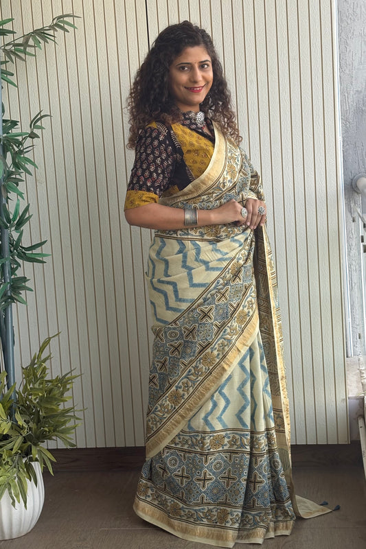 Ajrakh mulberry Natural Dye Hand Block Print Saree- Beige